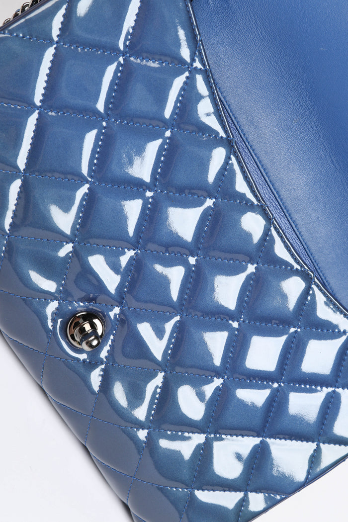 2010s Chanel Blue Patent Leather Clutch Bag with Chain