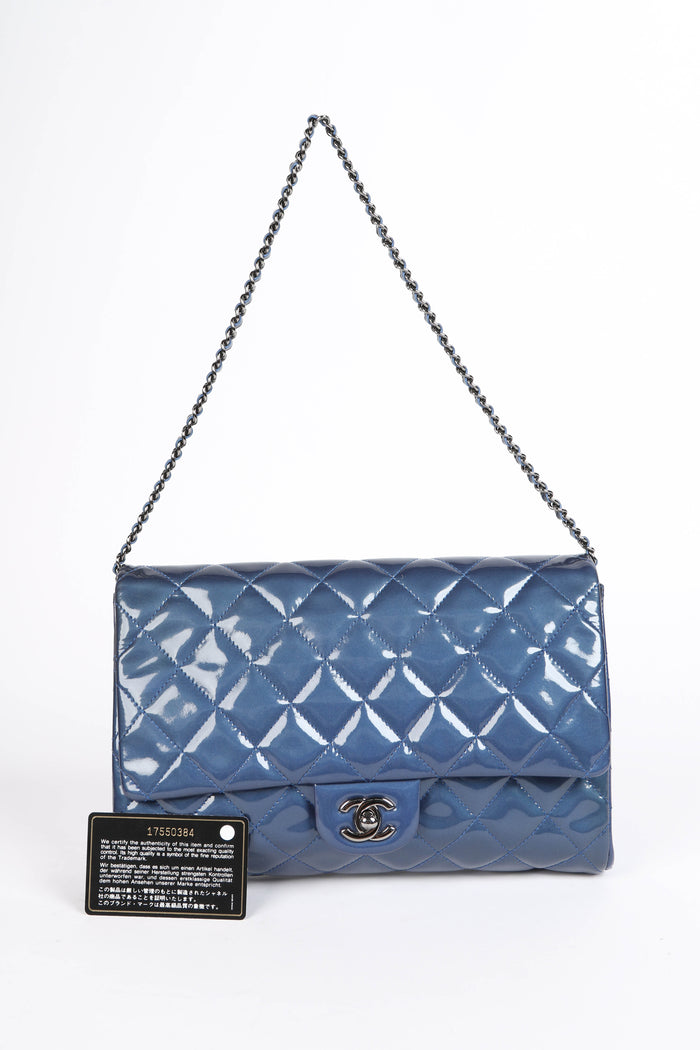 2010s Chanel Blue Patent Leather Clutch Bag with Chain