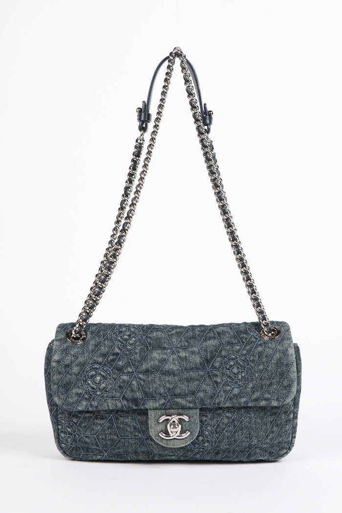 2016 Chanel Camellia Stitched Denim Single Flap Bag