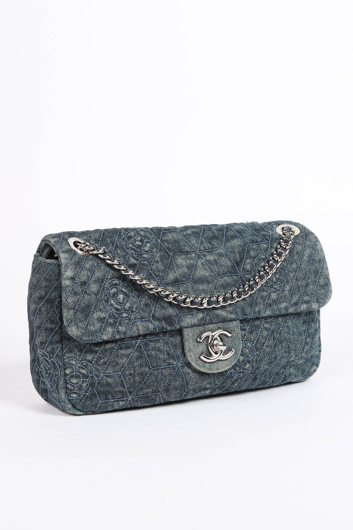 2016 Chanel Camellia Stitched Denim Single Flap Bag