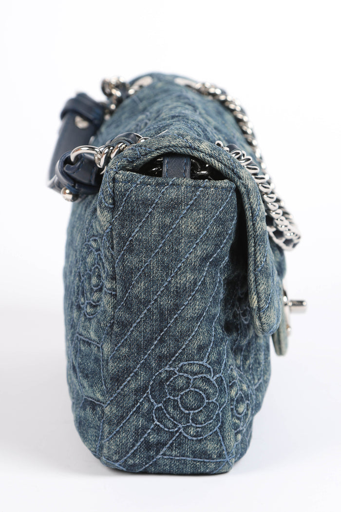 2016 Chanel Camellia Stitched Denim Single Flap Bag