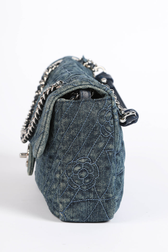 2016 Chanel Camellia Stitched Denim Single Flap Bag