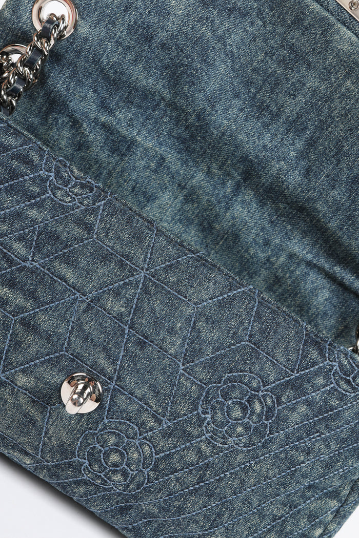 2016 Chanel Camellia Stitched Denim Single Flap Bag