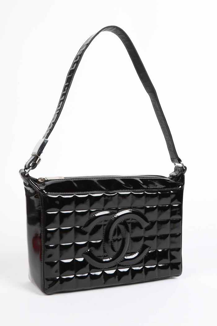 2000s Chanel Black Patent Leather Chocolate Bar Shoulder Bag