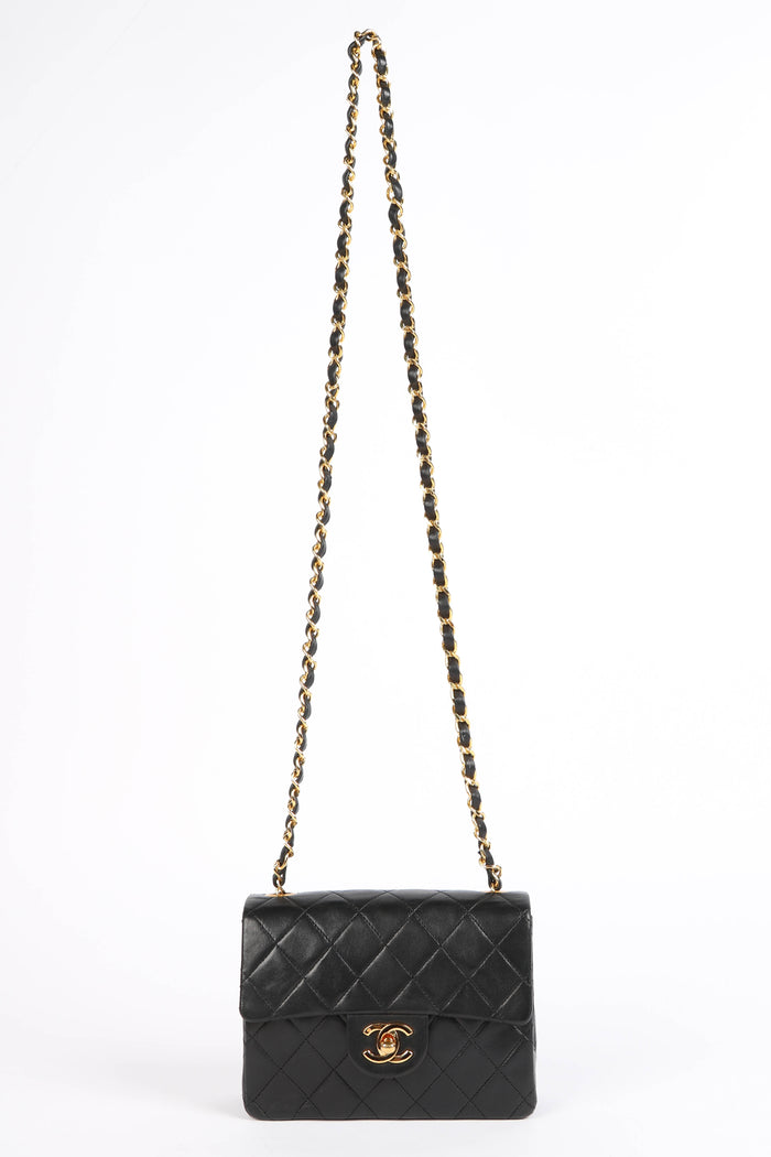 90s Chanel Black Lambskin Leather Mini Square Flap with 24k GHW