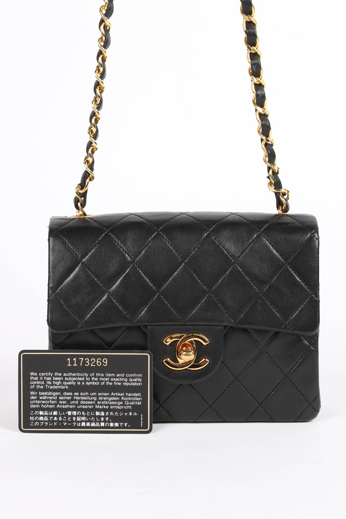 90s Chanel Black Lambskin Leather Mini Square Flap with 24k GHW