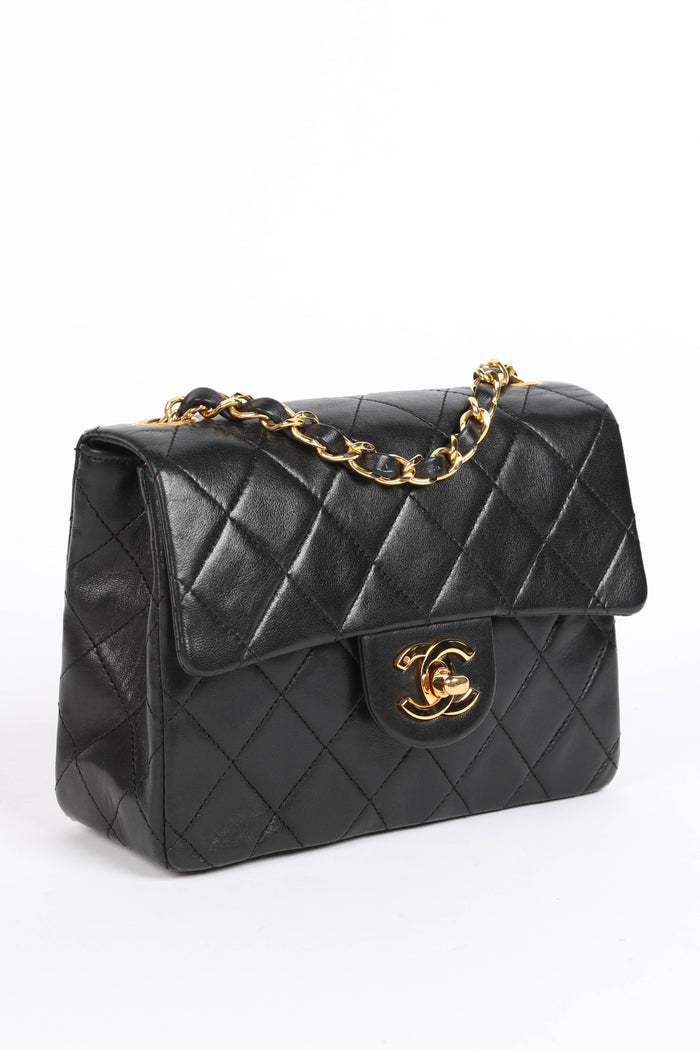 90s Chanel Black Lambskin Leather Mini Square Flap with 24k GHW