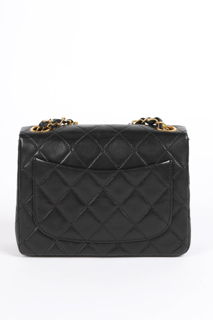 90s Chanel Black Lambskin Leather Mini Square Flap with 24k GHW