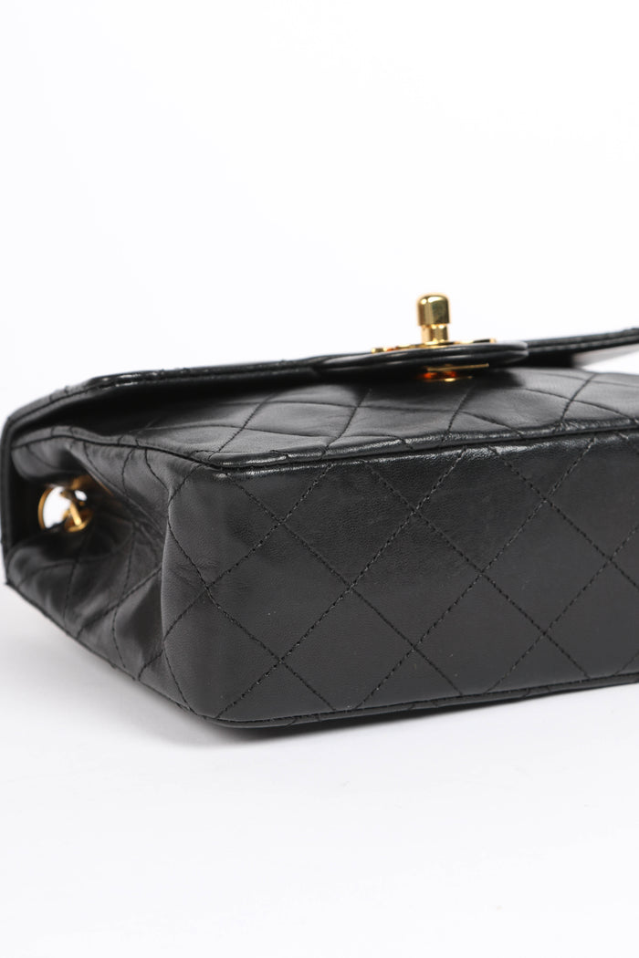 90s Chanel Black Lambskin Leather Mini Square Flap with 24k GHW