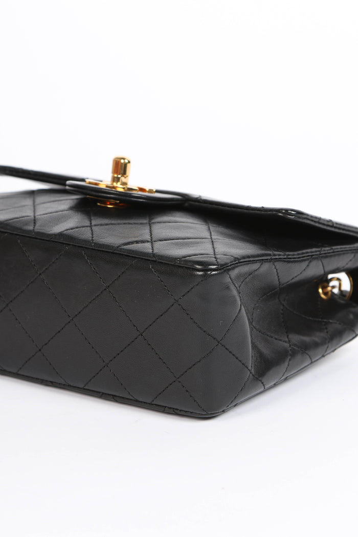 90s Chanel Black Lambskin Leather Mini Square Flap with 24k GHW