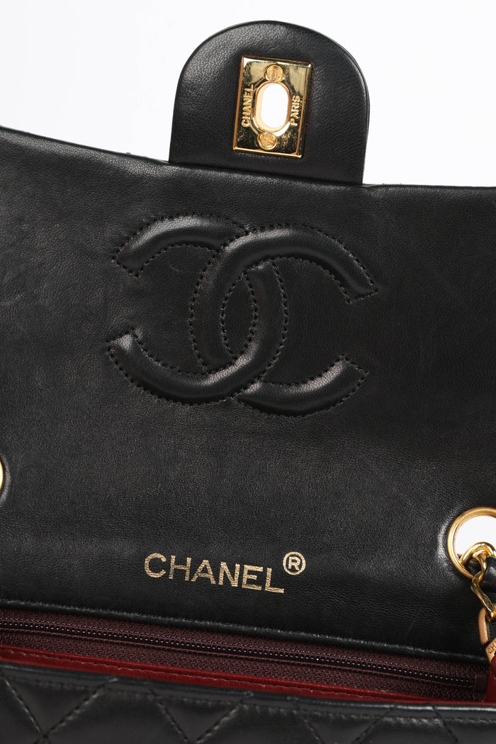 90s Chanel Black Lambskin Leather Mini Square Flap with 24k GHW