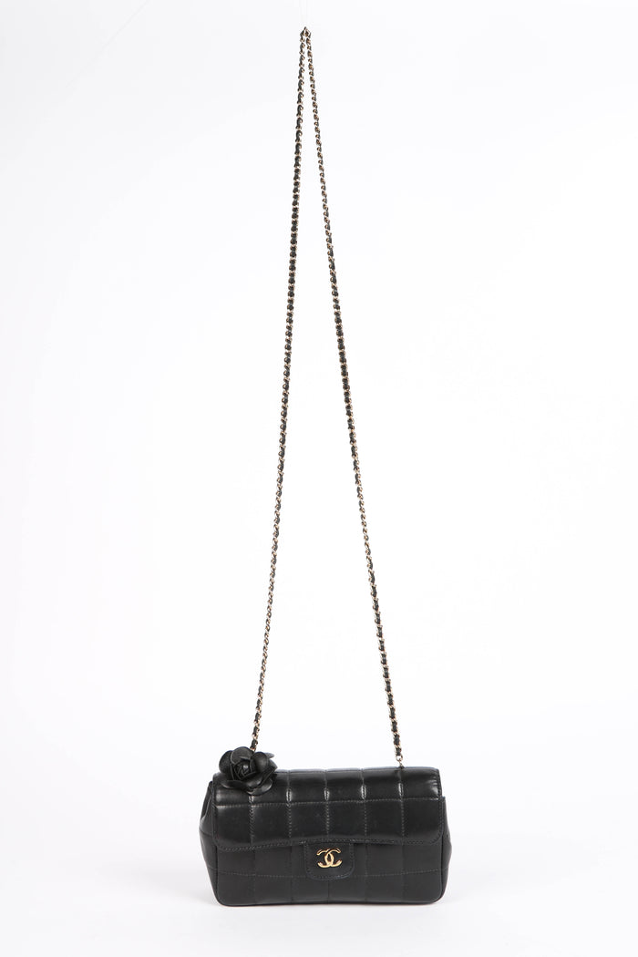2000s Chanel Black Lambskin Mini Camellia Chocolate Bar Crossbody Bag