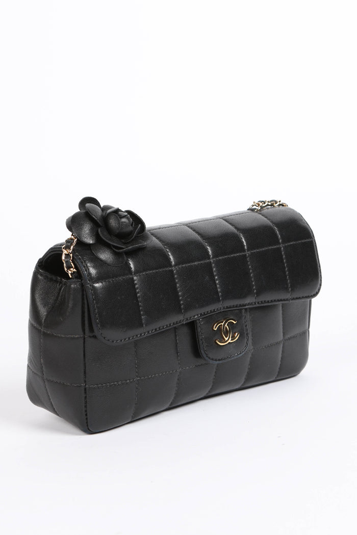 2000s Chanel Black Lambskin Mini Camellia Chocolate Bar Crossbody Bag