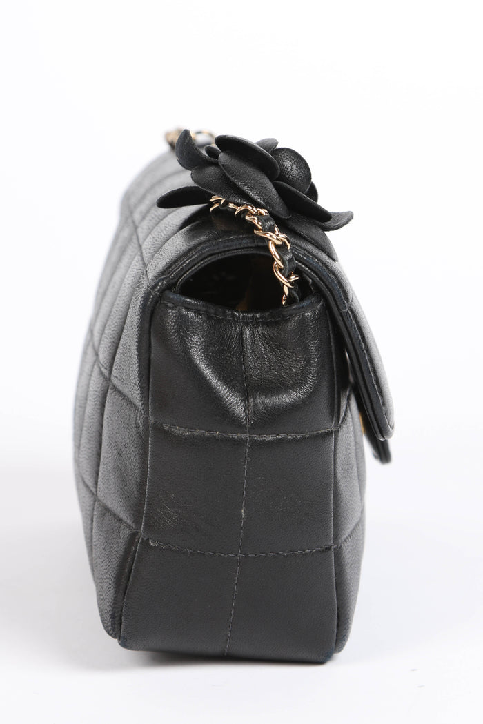 2000s Chanel Black Lambskin Mini Camellia Chocolate Bar Crossbody Bag