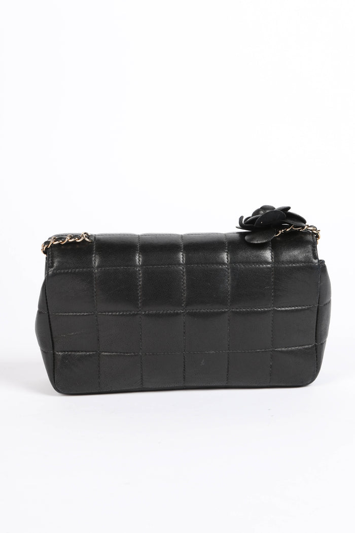 2000s Chanel Black Lambskin Mini Camellia Chocolate Bar Crossbody Bag