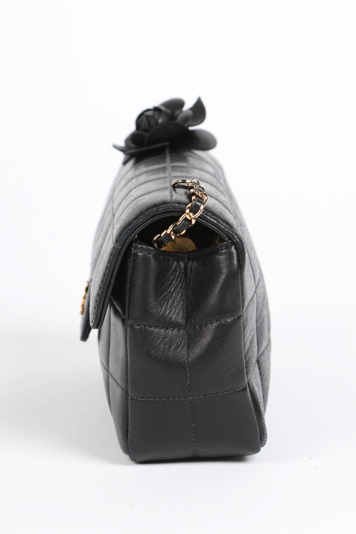 2000s Chanel Black Lambskin Mini Camellia Chocolate Bar Crossbody Bag
