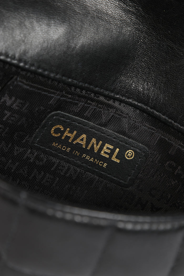 2000s Chanel Black Lambskin Mini Camellia Chocolate Bar Crossbody Bag