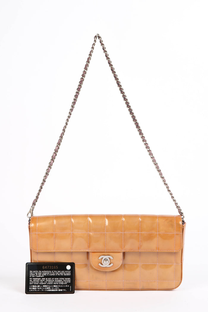 2000s Chanel Bronze Patent Leather Chocolate East West Shoulder Bag