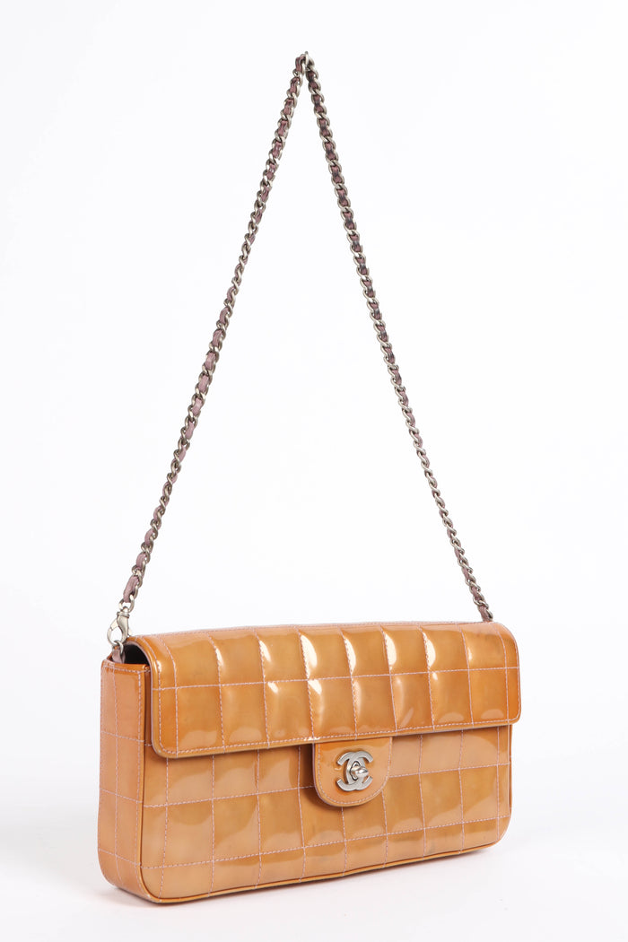 2000s Chanel Bronze Patent Leather Chocolate East West Shoulder Bag