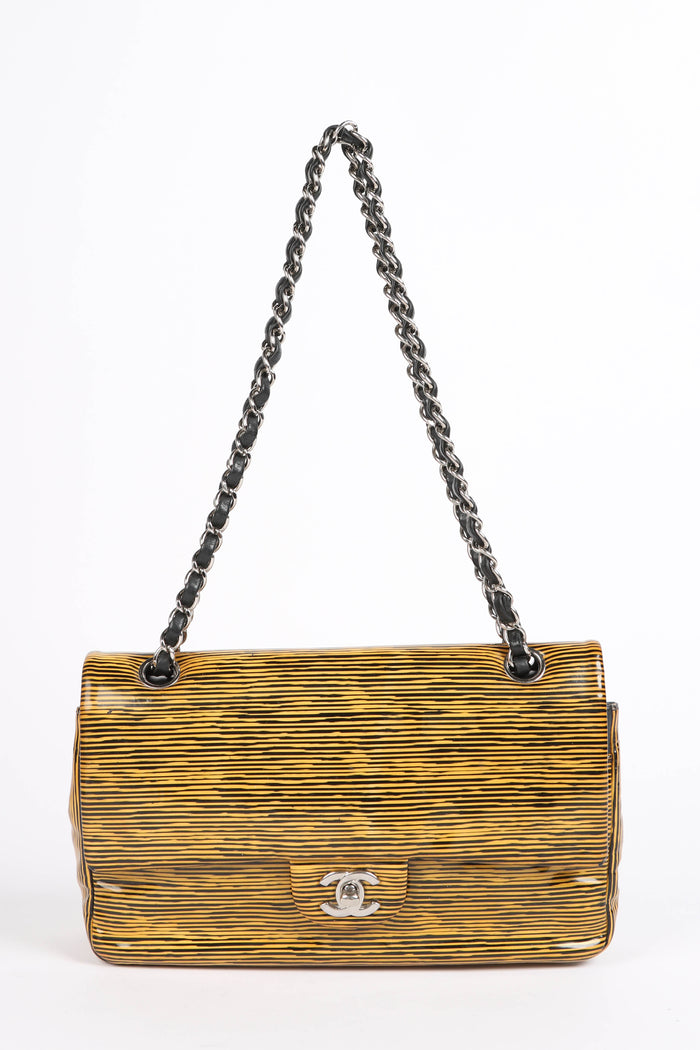 2010s Chanel Striped Patent Leather Medium Double Flap Shoulder Bag