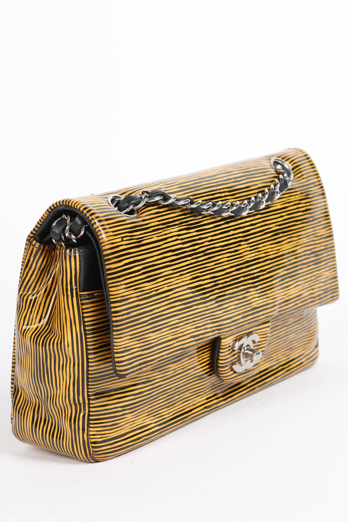 2010s Chanel Striped Patent Leather Medium Double Flap Shoulder Bag