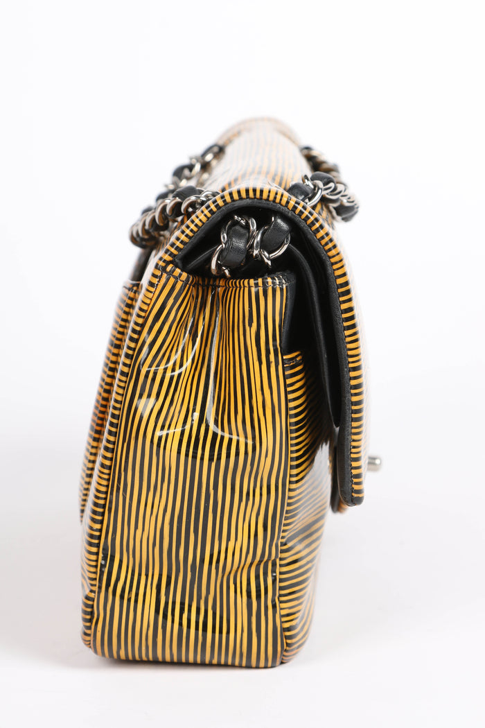 2010s Chanel Striped Patent Leather Medium Double Flap Shoulder Bag