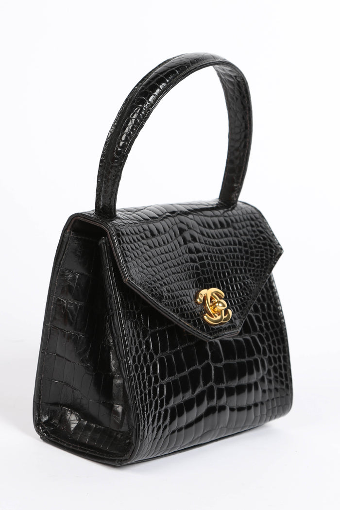 RARE 90s Chanel Black Croc Patent Leather Top Handle Bag