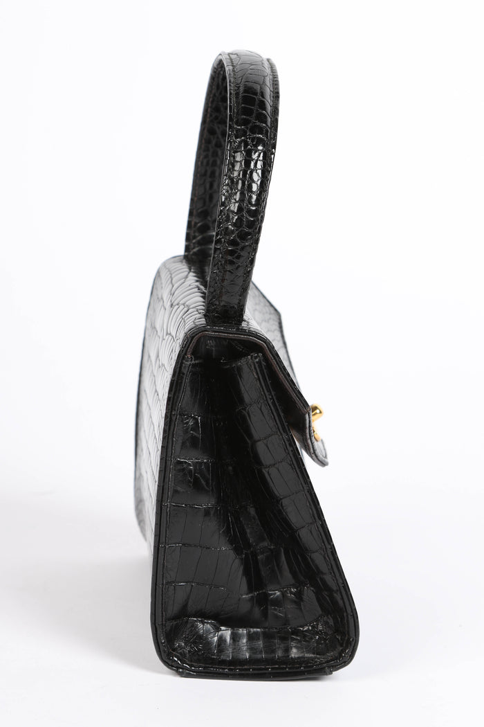 RARE 90s Chanel Black Croc Patent Leather Top Handle Bag