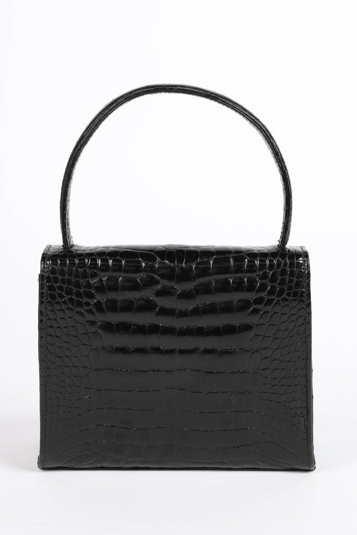 RARE 90s Chanel Black Croc Patent Leather Top Handle Bag
