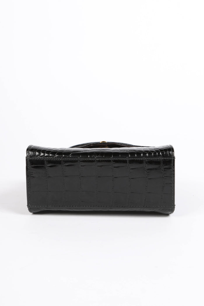 RARE 90s Chanel Black Croc Patent Leather Top Handle Bag