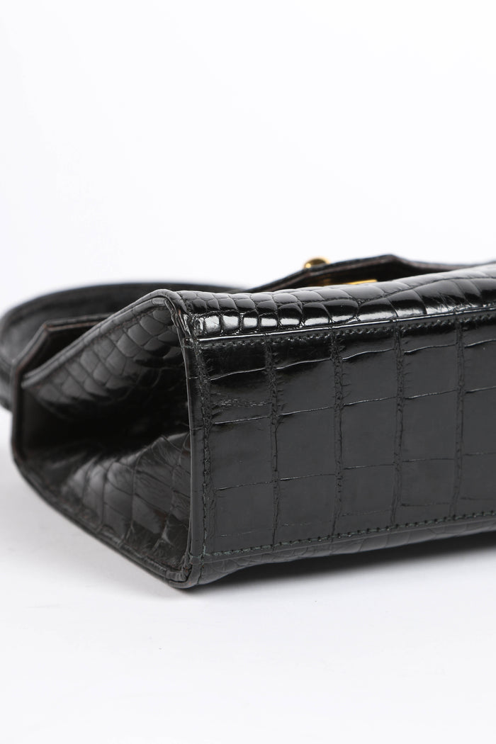 RARE 90s Chanel Black Croc Patent Leather Top Handle Bag
