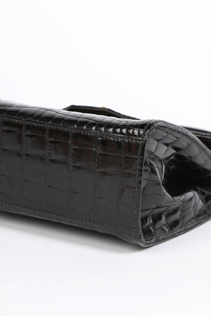 RARE 90s Chanel Black Croc Patent Leather Top Handle Bag