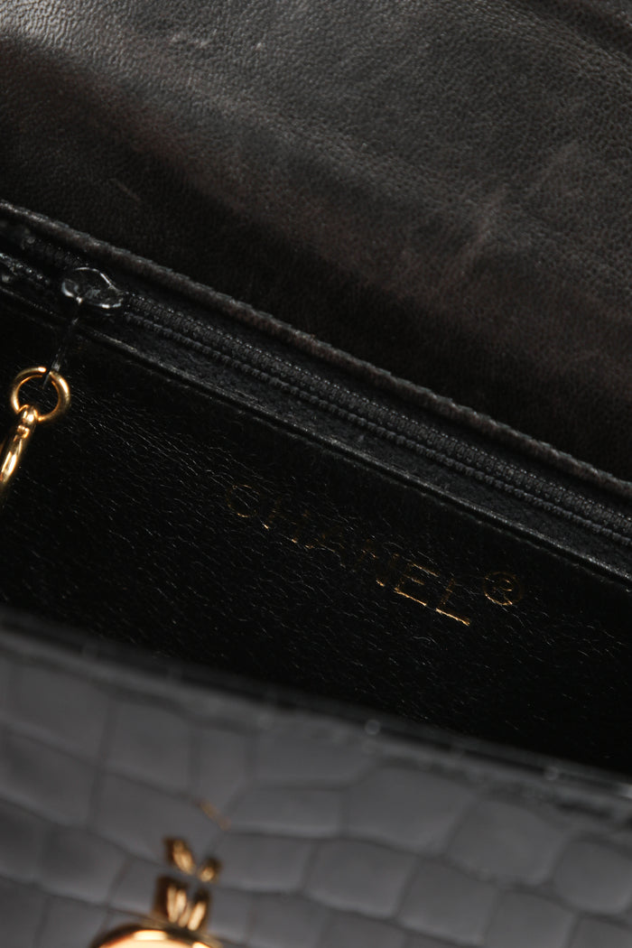 RARE 90s Chanel Black Croc Patent Leather Top Handle Bag