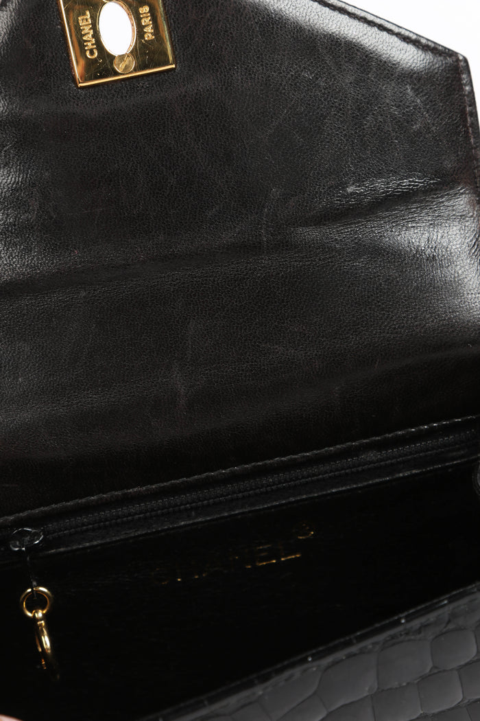 RARE 90s Chanel Black Croc Patent Leather Top Handle Bag