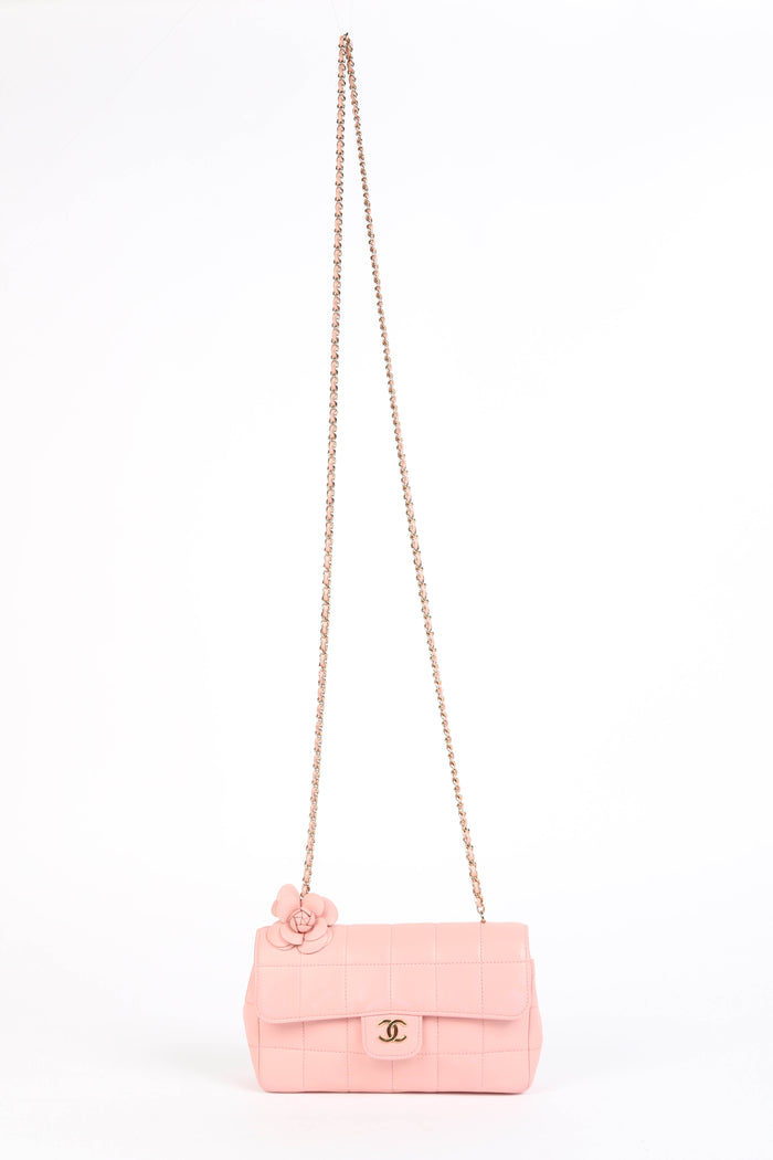 2000s Chanel Pink Lambskin Leather Mini Camellia Chocolate Bar Crossbody Bag