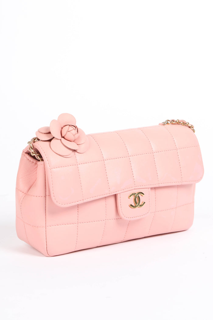 2000s Chanel Pink Lambskin Leather Mini Camellia Chocolate Bar Crossbody Bag