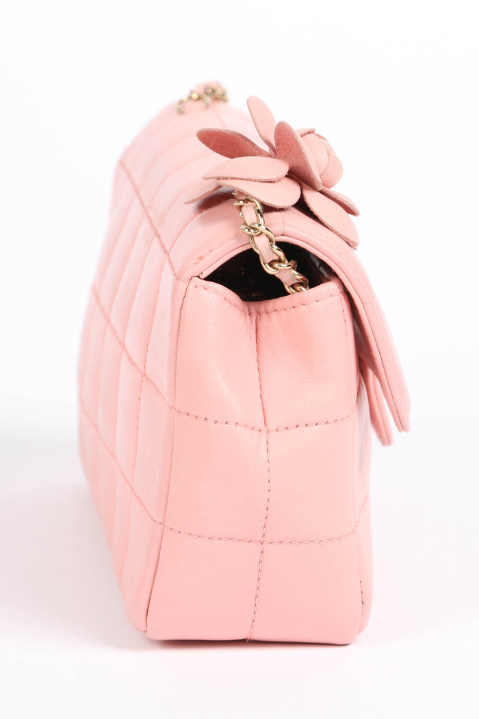2000s Chanel Pink Lambskin Leather Mini Camellia Chocolate Bar Crossbody Bag