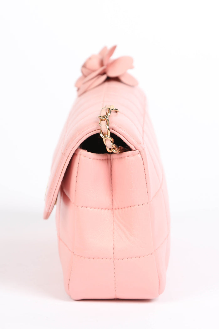 2000s Chanel Pink Lambskin Leather Mini Camellia Chocolate Bar Crossbody Bag