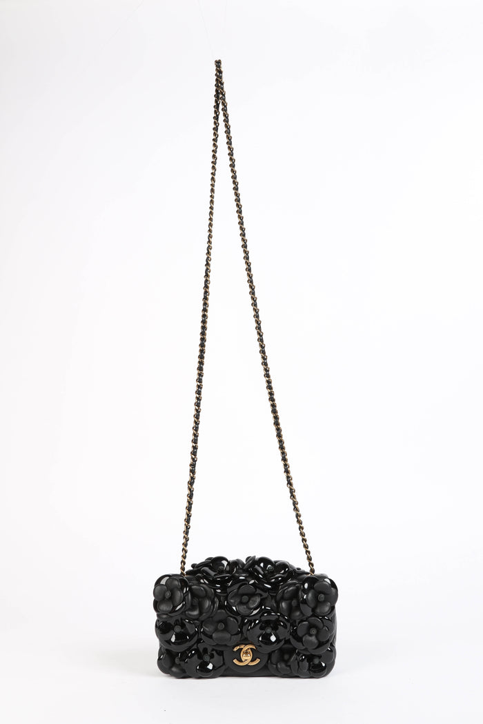 RARE 2010s Chanel Black Camellia Mini Rectangular Single Flap Bag