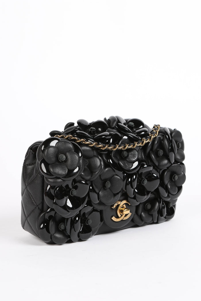 RARE 2010s Chanel Black Camellia Mini Rectangular Single Flap Bag