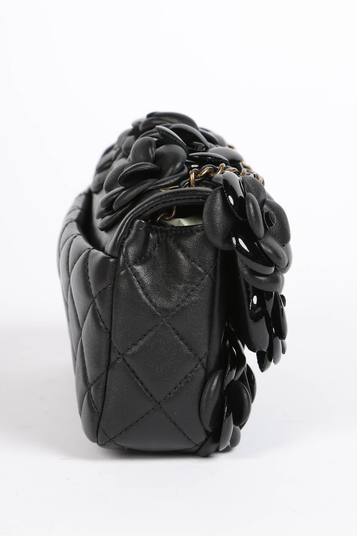 RARE 2010s Chanel Black Camellia Mini Rectangular Single Flap Bag