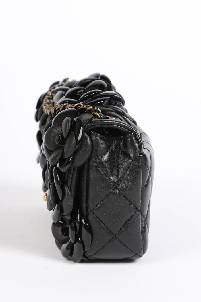 RARE 2010s Chanel Black Camellia Mini Rectangular Single Flap Bag