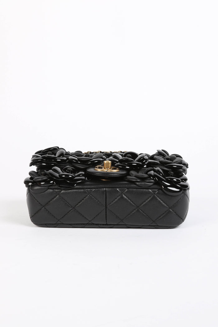 RARE 2010s Chanel Black Camellia Mini Rectangular Single Flap Bag