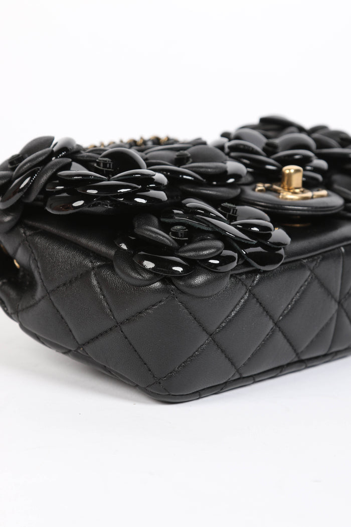 RARE 2010s Chanel Black Camellia Mini Rectangular Single Flap Bag