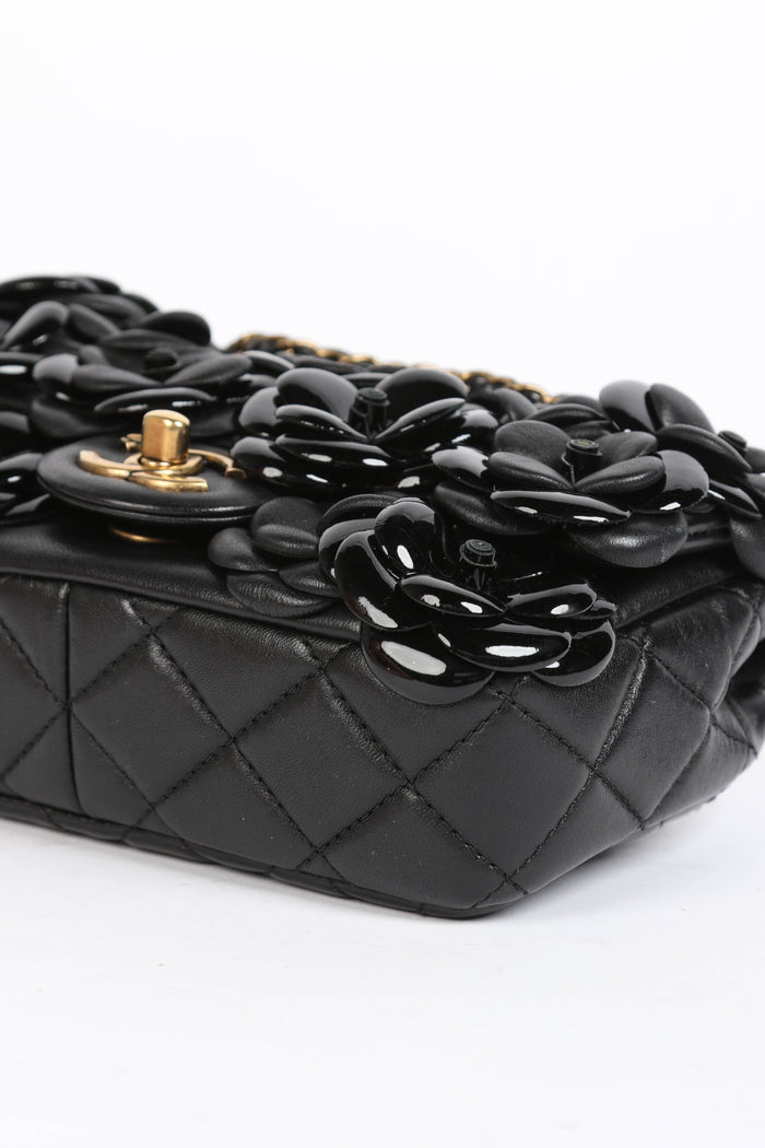 RARE 2010s Chanel Black Camellia Mini Rectangular Single Flap Bag