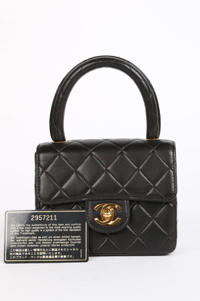 90s Chanel Black Lambskin Leather Mini Top Handle with 24k GHW