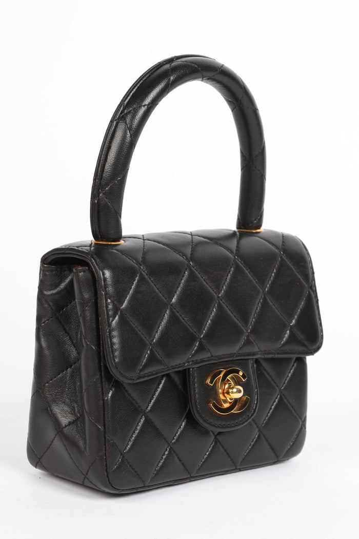 90s Chanel Black Lambskin Leather Mini Top Handle with 24k GHW