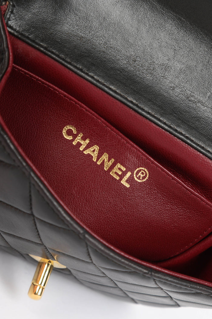 90s Chanel Black Lambskin Leather Mini Top Handle with 24k GHW