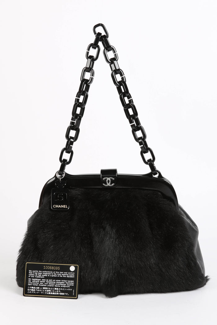 RARE 2000s Chanel Black Fur Kiss Lock Shoulder Bag
