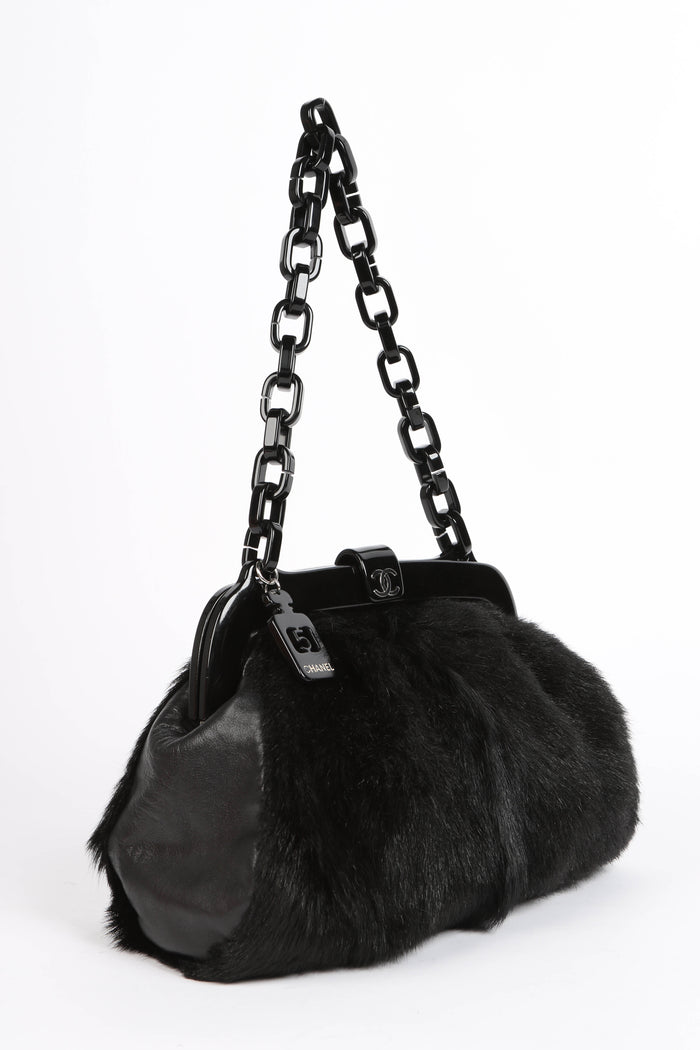RARE 2000s Chanel Black Fur Kiss Lock Shoulder Bag